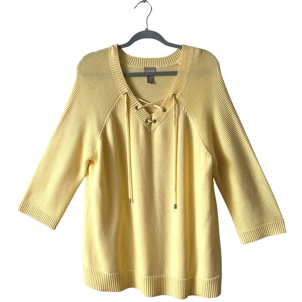 Chicos Yellow Lace Up V-Neck Knit Sweater 3/4 Sleeve Size 3 Large XL